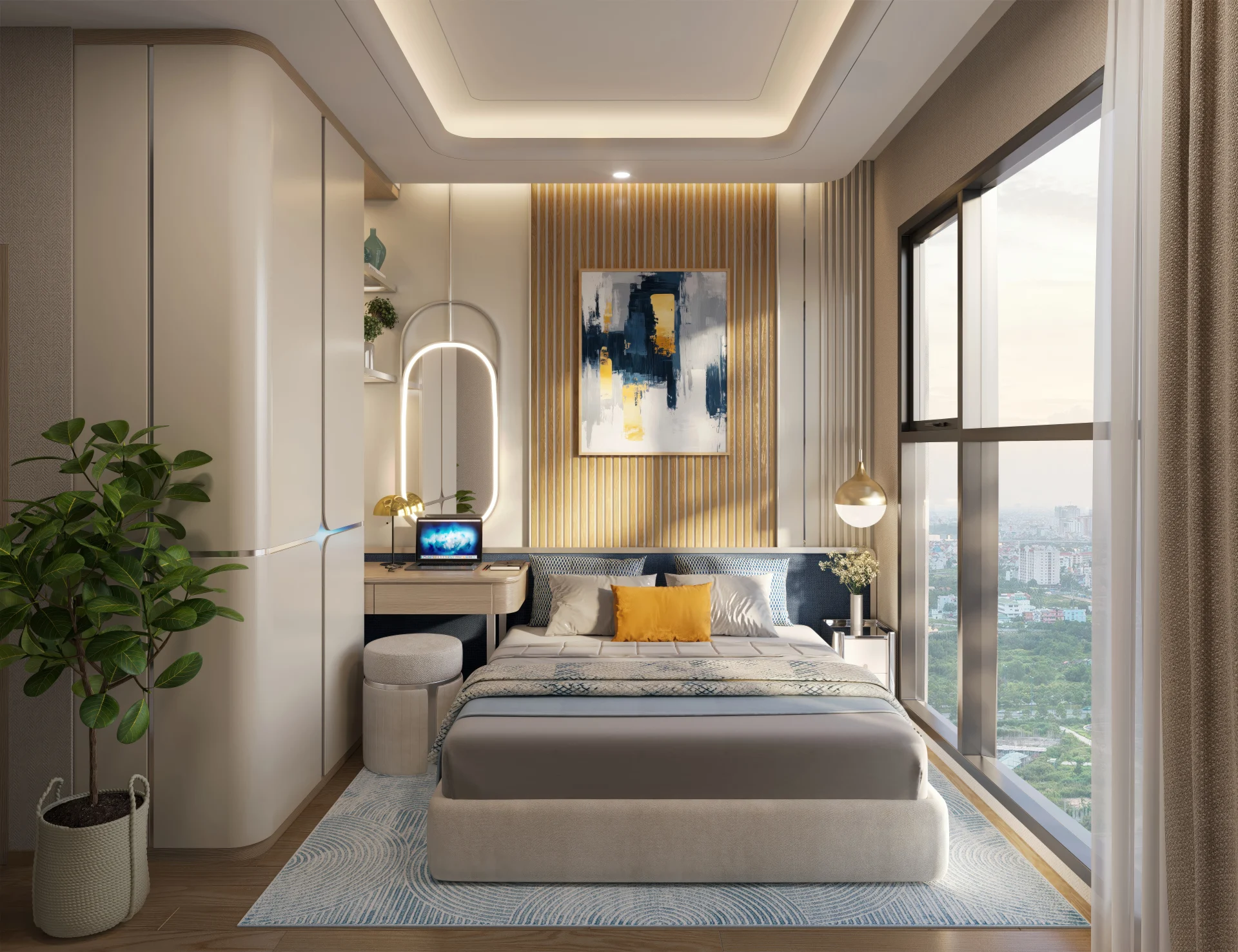 Không gian nghỉ ngơi của căn hộ 2 phòng ngủ là sự kết hợp hoàn hảo giữa vật liệu cao cấp, ánh sáng tinh tế và màu sắc trang nhã, đem lại cảm giác thư thái cho gia chủ.