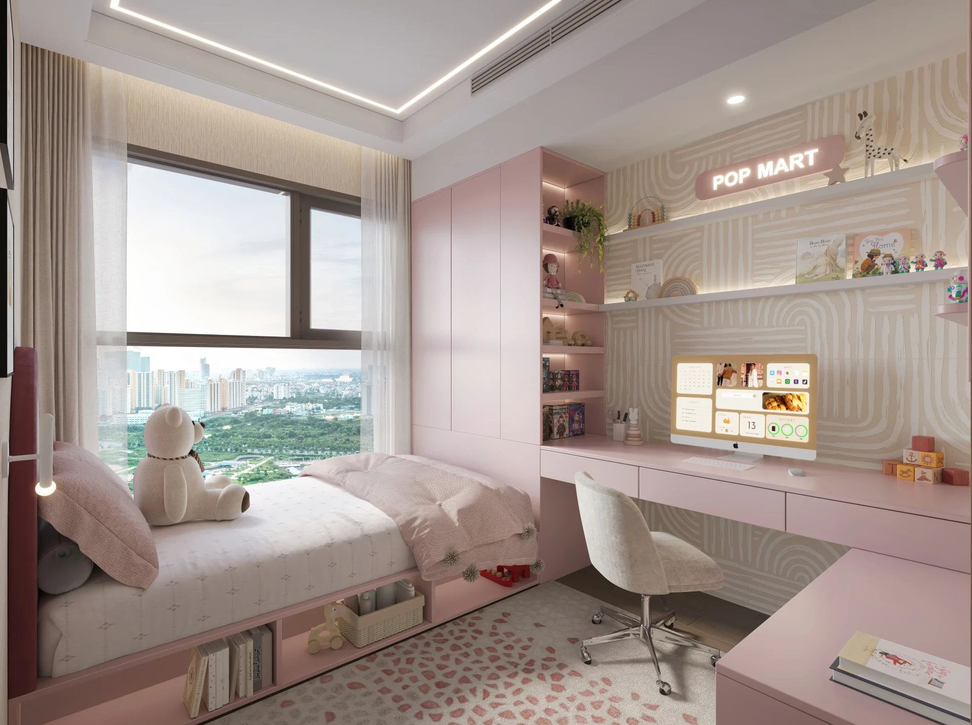 Phòng ngủ trẻ em ứng dụng nghệ thuật phối màu mảng lớn, thường chọn tone màu pastel nhẹ nhàng, hình khối bo góc mềm mại.\